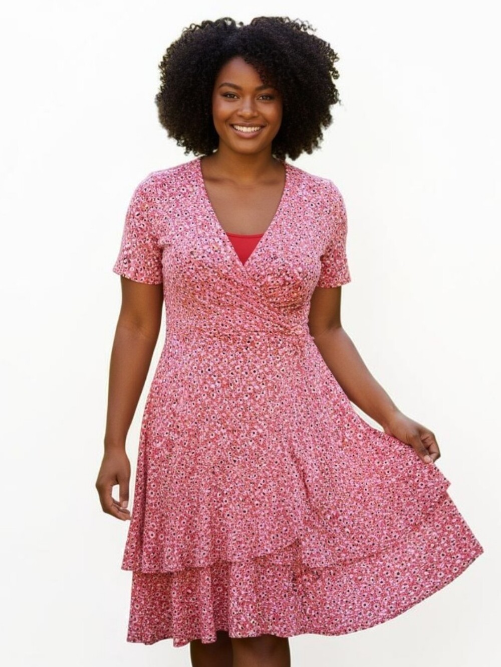 NWT Robbie Bee Salmon Pink Floral Fsux Wrap Dress with Tiered Skirt